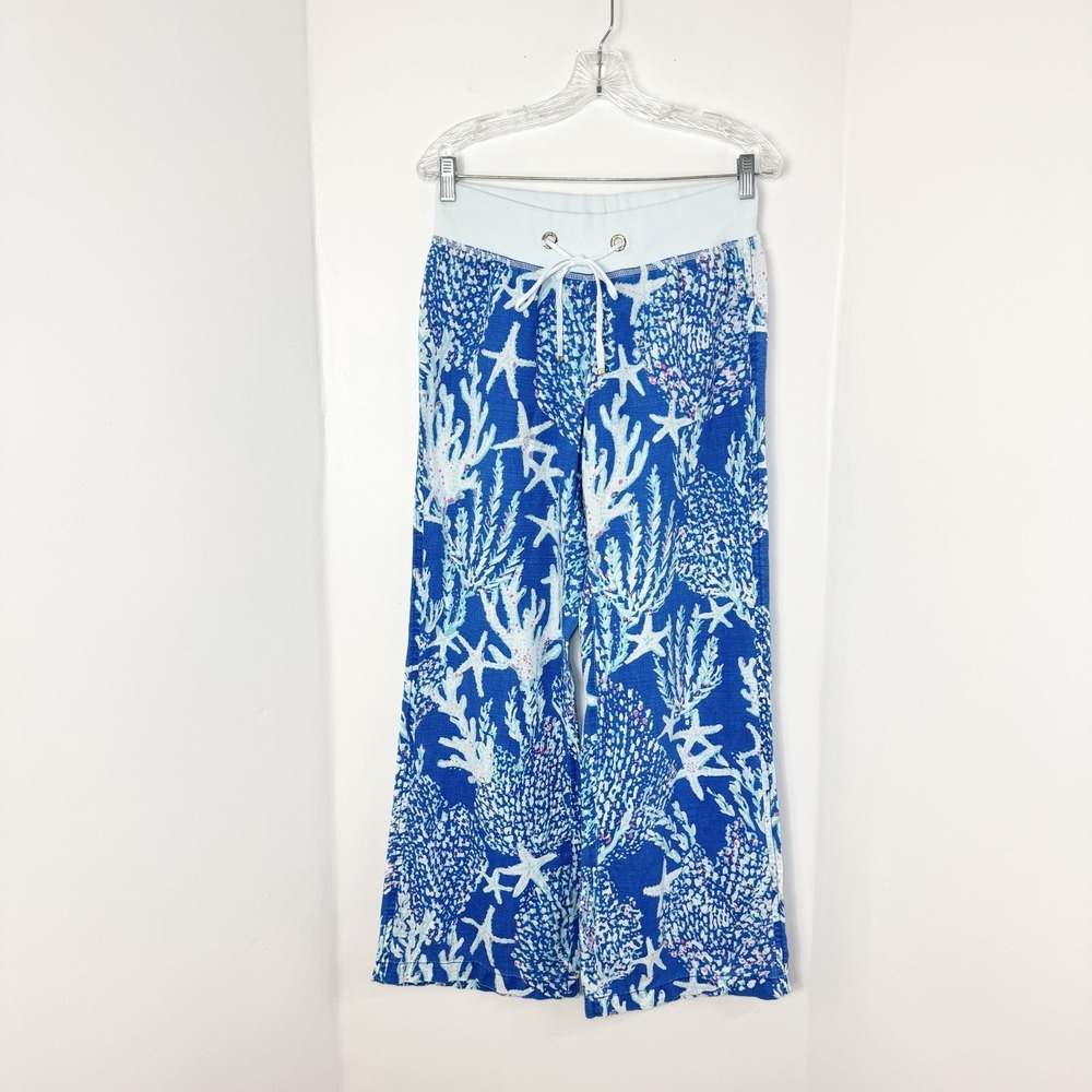 Lilly Pulitzer Linen Wide Leg Beach Pants M In Brewster Blue Good Reef Starfish